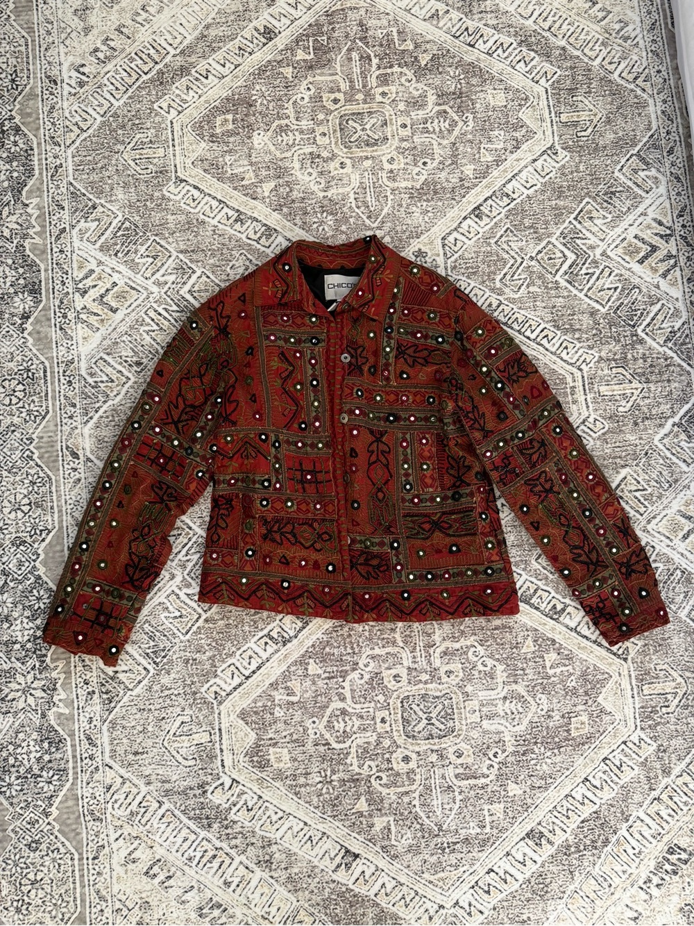 Chico's Rust and Green Embellished Patchwork Jacket